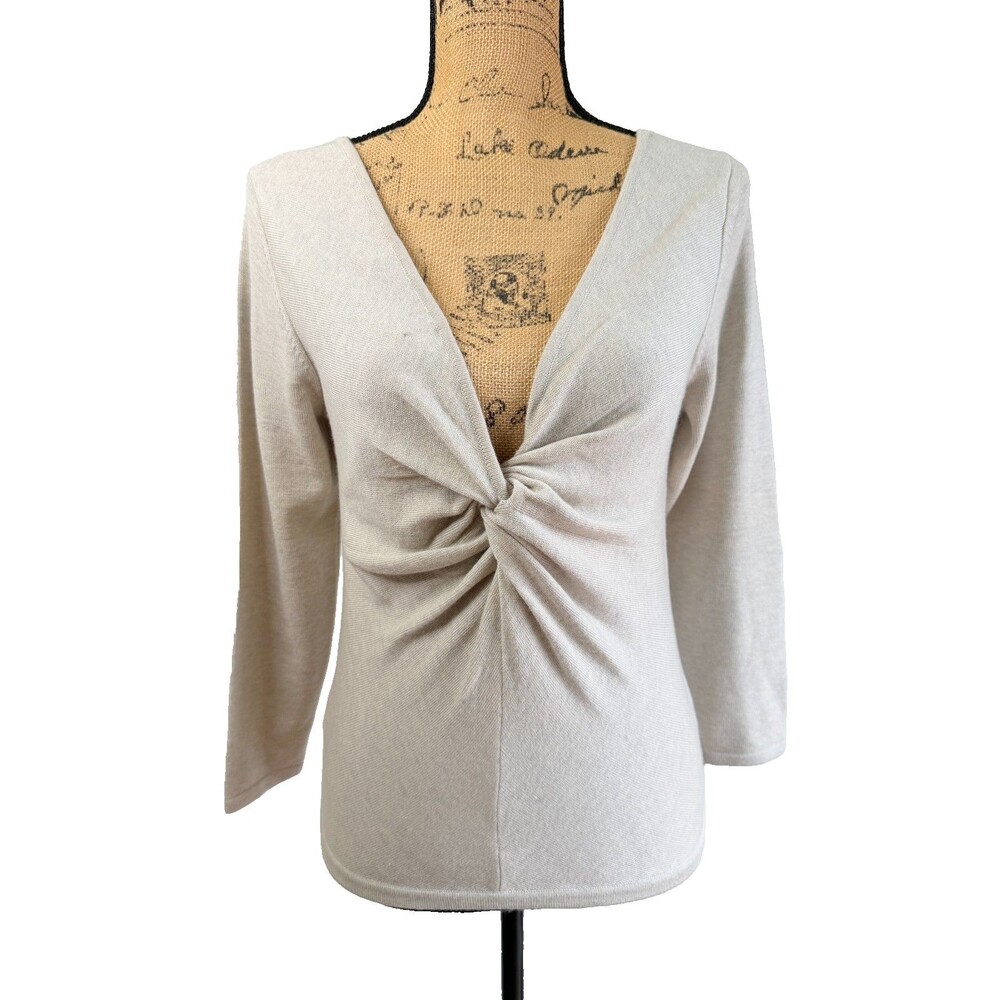 Carlisle Cashmere Silk Light Gray Front Twist Deep V-Neck Sweater Sz M